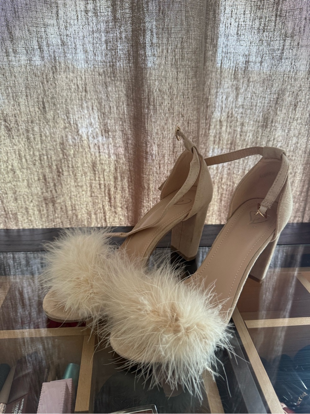 Windsor Cream Fur-Trim Block Heel Sandals